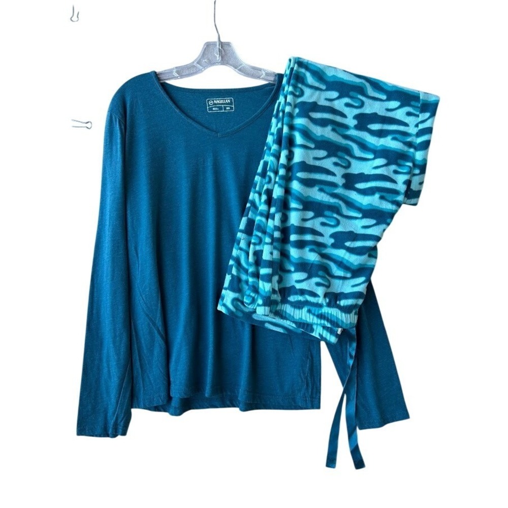 Magellan Outdoors Women's 2XL Pajama Set Teal Long Sleeve Top‎ Blue Camo Fleece